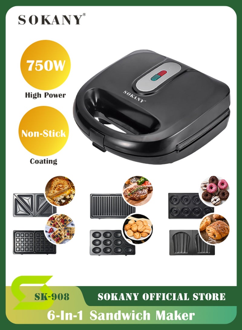 sokany Electric Sandwich Maker with 6 slices, 750 Watt Large Size Sandwich Maker with Non-stick and Removable plates, Perfect for Donut, Nuts, Waffle, Sandwich, Bread Slices, Pan-fried Steak, SK-908 (Black) - Image 1