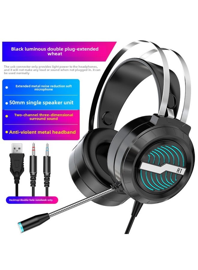 Eating Notebook Headset With Microphone Desktop Computer Chicken Game Wired Electric Headset Mobile Phone-Colour:Official Standard Configuration, No Pain When Worn For A Long Time, Three-year Warranty, Green And Black Colorful Light [double Jack Notes  - Image 1