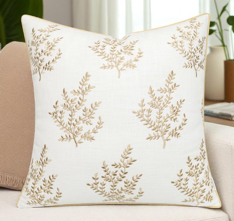 VAGMINE Embroidered Botanical Accent Pillow Cover 18x18 Ivory Cotton Square Cushion Cover for Chair Couch Styling Leaves