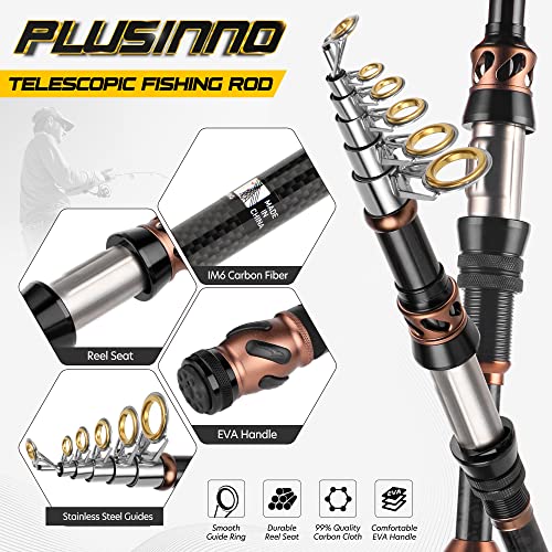 PLUSINNO Fishing Rod and Reel Combos -24 Ton Carbon Fiber Telescopic Fishing Pole - Spinning Reel 12 +1 Shielded Bearings Stainless Steel BB-Free Carrier Bag Case, Travel Saltwater Freshwater Fishing - Image 3