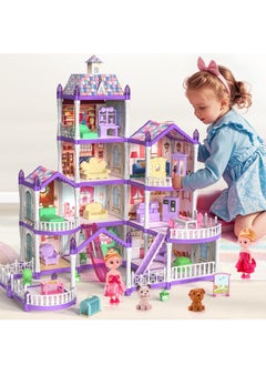 XiuWoo 4-Story Princess Doll House Dollhouse with Glow in The Dark, Doll House Playset with 2 Dolls, 12 Play Areas, Fully Furniture and Accessories, Toys for 3-9 Years Old Girls Gift, Purple  - Image 1