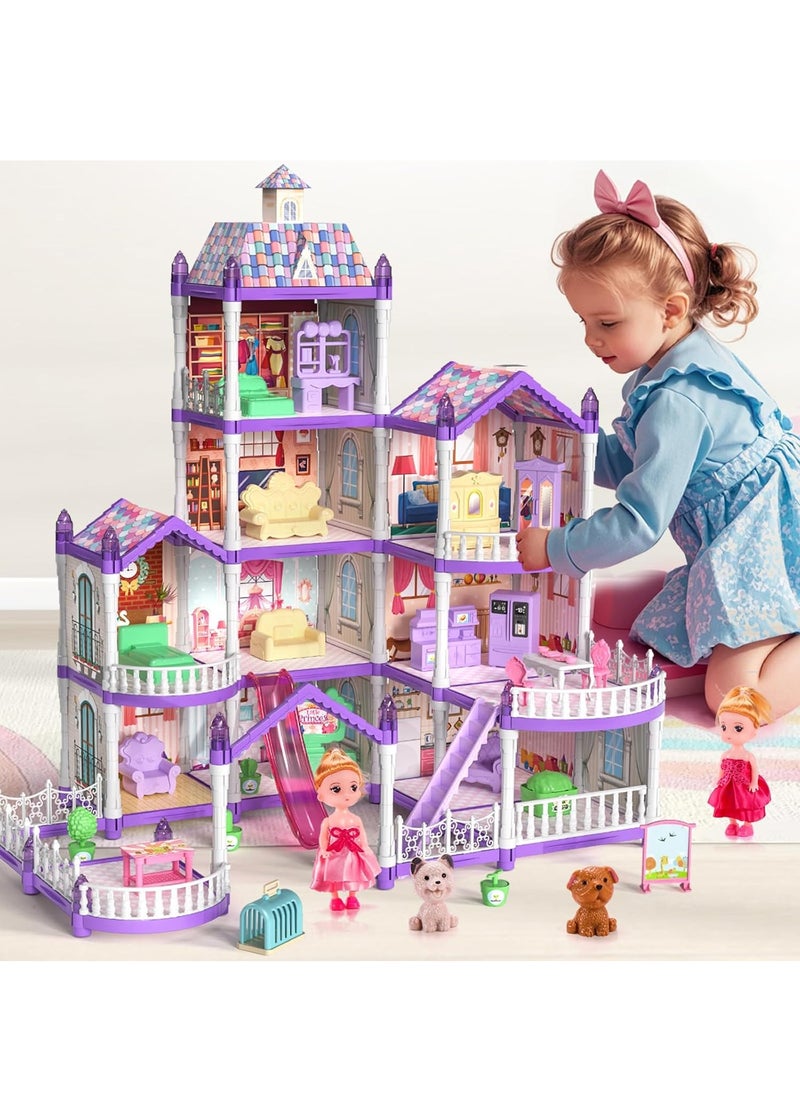 XiuWoo 4-Story Princess Doll House Dollhouse with Glow in The Dark, Doll House Playset with 2 Dolls, 12 Play Areas, Fully Furniture and Accessories, Toys for 3-9 Years Old Girls Gift, Purple  - Image 1