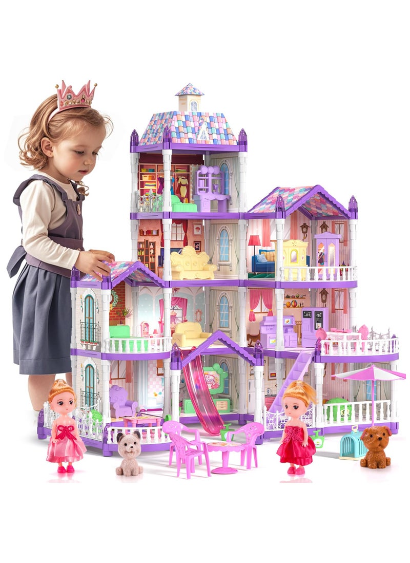 XiuWoo 4-Story Princess Doll House Dollhouse with Glow in The Dark, Doll House Playset with 2 Dolls, 12 Play Areas, Fully Furniture and Accessories, Toys for 3-9 Years Old Girls Gift, Purple  - Image 3