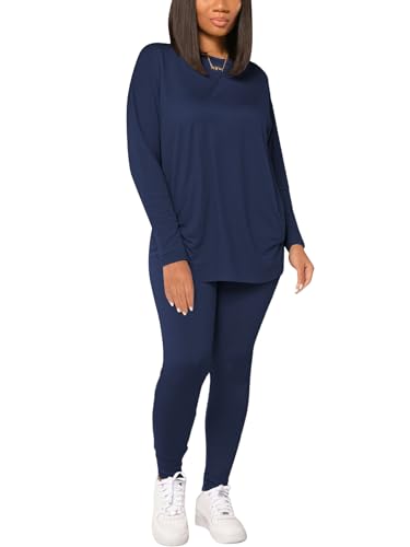 HBQ Women's Casual 2 Piece Outfits Long Sleeve Sweatsuits Drop Shoulder Tracksuits Biker Workout Jogger Sets Dark Blue XL - Image 2