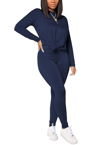 HBQ Women's Casual 2 Piece Outfits Long Sleeve Sweatsuits Drop Shoulder Tracksuits Biker Workout Jogger Sets Dark Blue XL - Image 3