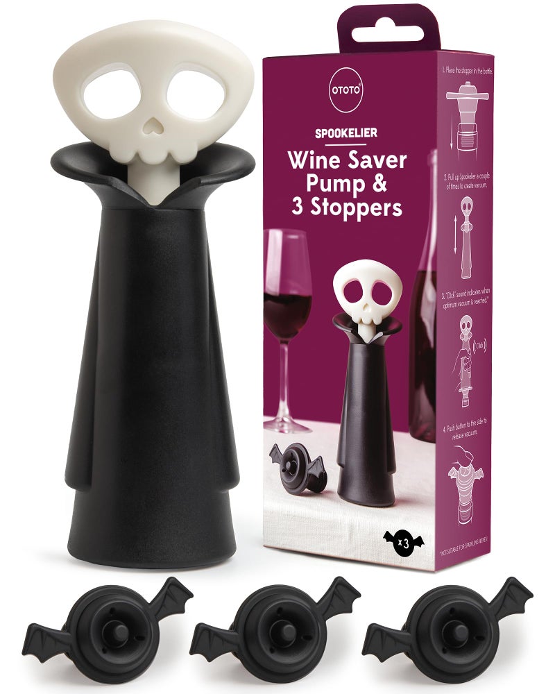 OTOTO NEW!! OTOTO Spookelier Wine Saver Pump and 3 Wine Stopper - Wine Bottle Stoppers for Wine Bottles, Wine Stoppers Vacuum, Spooky Goth Accessories, Fun Halloween Goth Kitchen, Goth Gifts Gadgets - Image 1