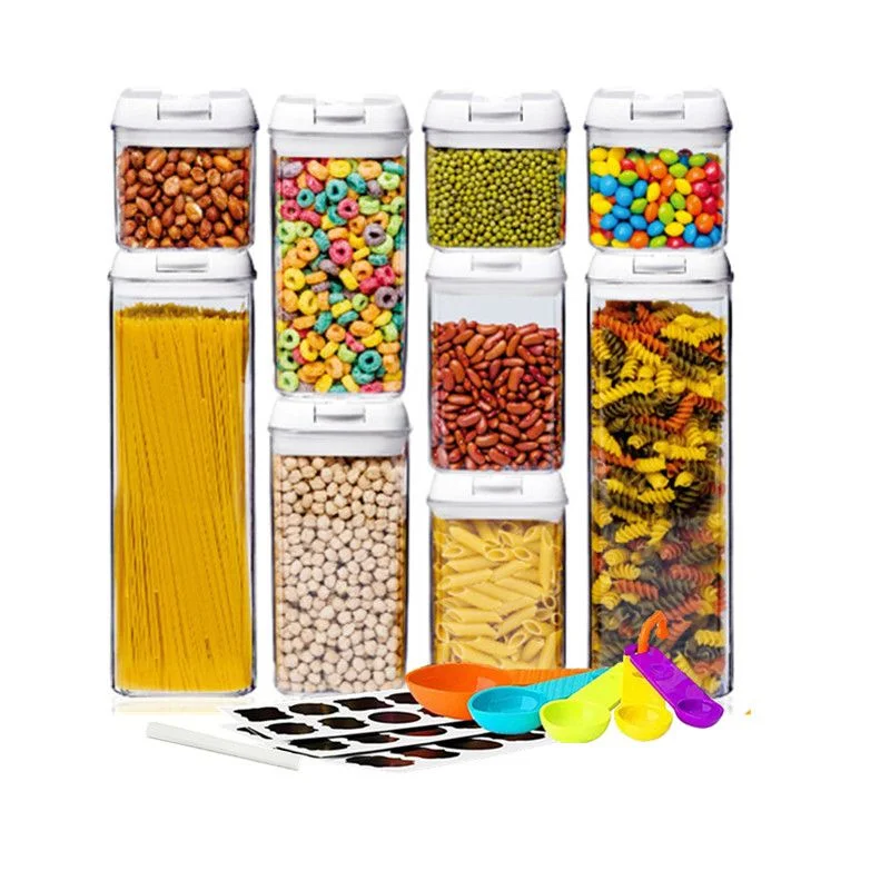 كويزيرا طقم حاويات تخزين طعام محكمة الإغلاق  قطع، منظم مطبخ بلاستيك خالٍ من البيسفينول، بأغطية سهلة القفل للتنظيم، مع ملصقات سوداء وقلم ومجموعة ملاعق قياس.