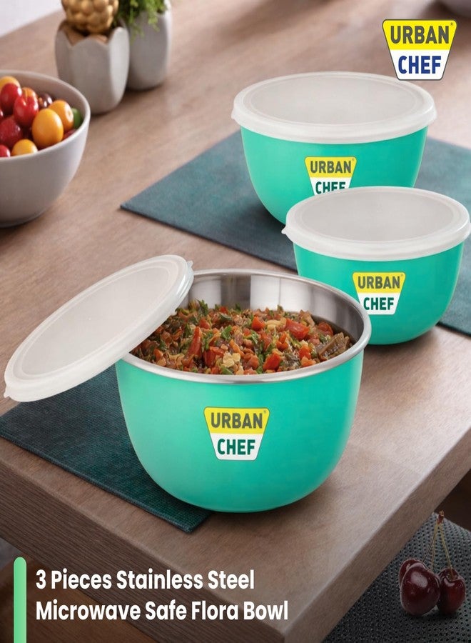 URBAN CHEF Mixing Bowl Set of 3 Stainless Steel (500ml, 800ml,1250ml) | Microwave Safe & Dishwasher Safe | Bowl Set with Lid for Gift | Bowls for Snacks | Serving Bowls Kitchen Accessories -Green - Image 2