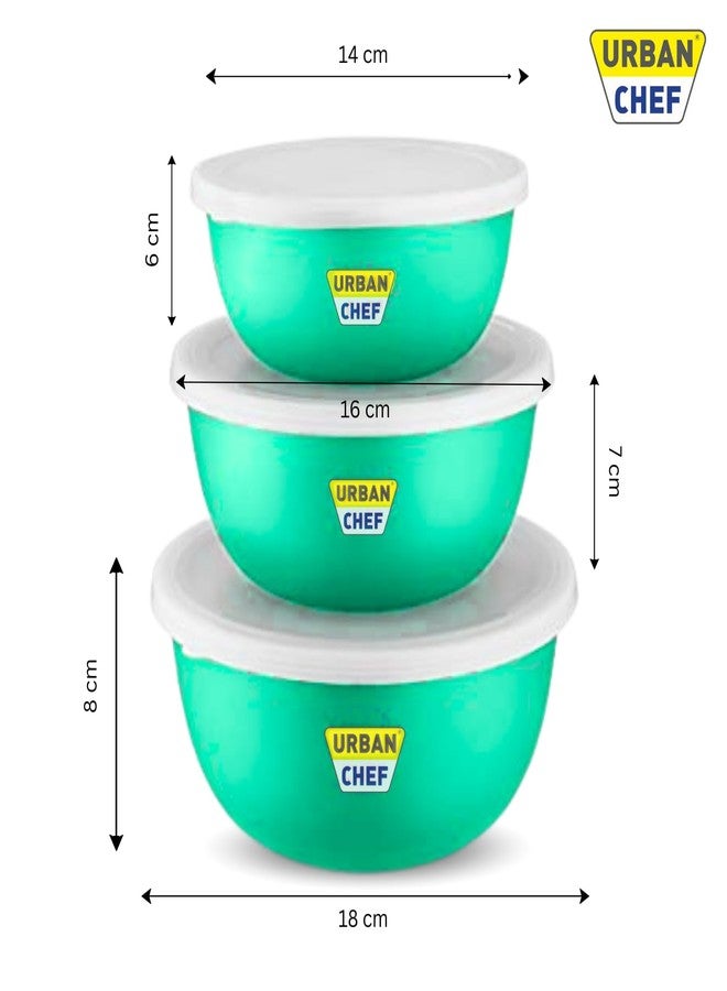 URBAN CHEF Mixing Bowl Set of 3 Stainless Steel (500ml, 800ml,1250ml) | Microwave Safe & Dishwasher Safe | Bowl Set with Lid for Gift | Bowls for Snacks | Serving Bowls Kitchen Accessories -Green - Image 1