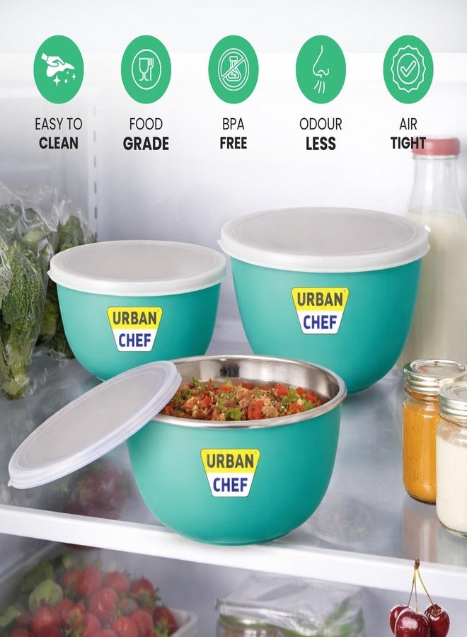URBAN CHEF Mixing Bowl Set of 3 Stainless Steel (500ml, 800ml,1250ml) | Microwave Safe & Dishwasher Safe | Bowl Set with Lid for Gift | Bowls for Snacks | Serving Bowls Kitchen Accessories -Green - Image 4