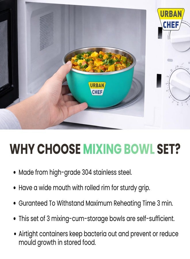URBAN CHEF Mixing Bowl Set of 3 Stainless Steel (500ml, 800ml,1250ml) | Microwave Safe & Dishwasher Safe | Bowl Set with Lid for Gift | Bowls for Snacks | Serving Bowls Kitchen Accessories -Green - Image 5