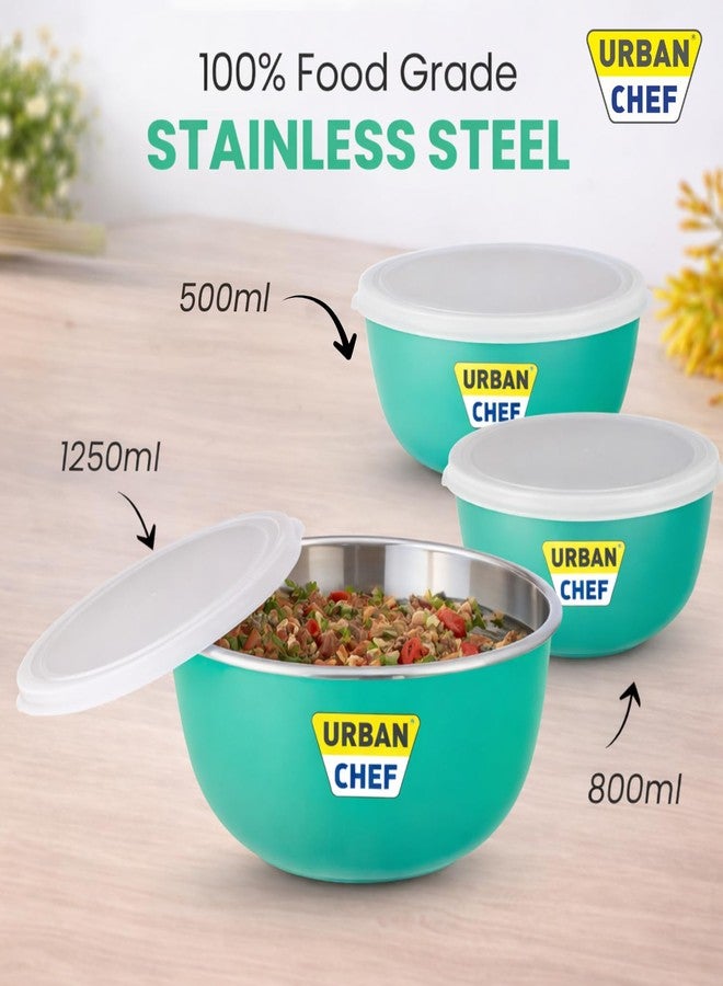 URBAN CHEF Mixing Bowl Set of 3 Stainless Steel (500ml, 800ml,1250ml) | Microwave Safe & Dishwasher Safe | Bowl Set with Lid for Gift | Bowls for Snacks | Serving Bowls Kitchen Accessories -Green - Image 3