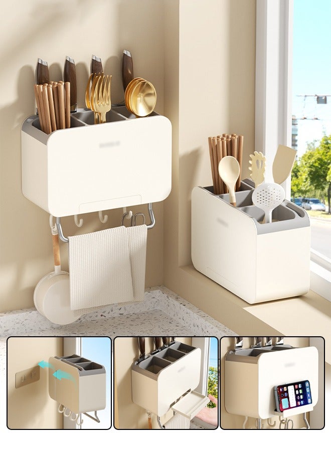DUNISO حامل أدوات المطبخ، صندوق تخزين متعدد الوظائف مثبت على الحائط، مع فتحات مزدوجة للسكاكين وخطافات في الأسفل، مناسب لتخزين عيدان الطعام، الملاعق، السكاكين والشوك، 20 * 9 * 13 سم - Image 1