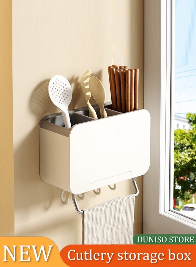 DUNISO Kitchen Cutlery Holder,, wall mounted multifunctional household drainage storage box, with double knife slots and bottom hooks, suitable for storing chopsticks, spoons, knives and forks, 20 * 9 * 13cm  - Image 1