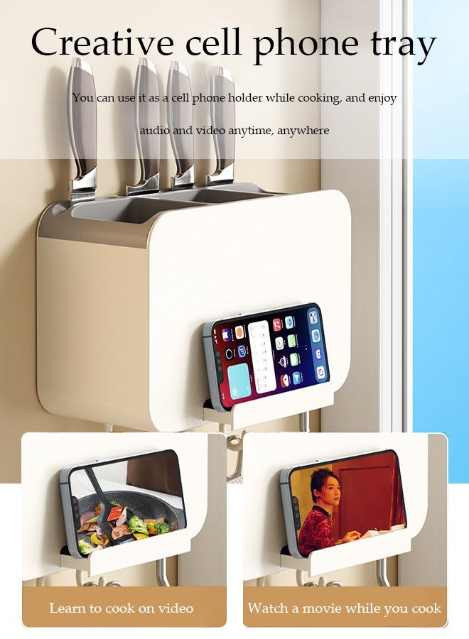 DUNISO Kitchen Cutlery Holder,, wall mounted multifunctional household drainage storage box, with double knife slots and bottom hooks, suitable for storing chopsticks, spoons, knives and forks, 20 * 9 * 13cm  - Image 4