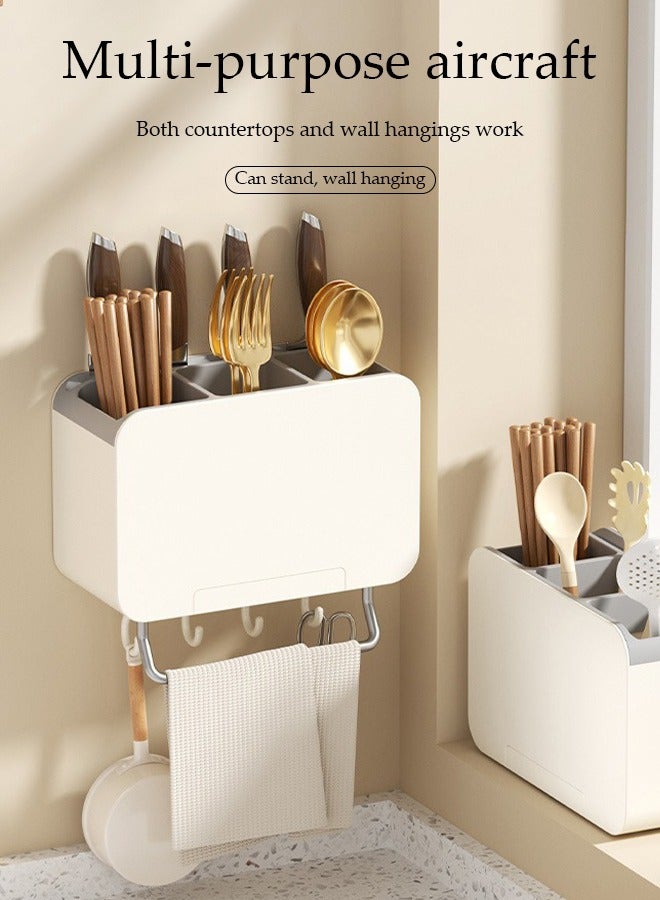 DUNISO Kitchen Cutlery Holder,, wall mounted multifunctional household drainage storage box, with double knife slots and bottom hooks, suitable for storing chopsticks, spoons, knives and forks, 20 * 9 * 13cm  - Image 3