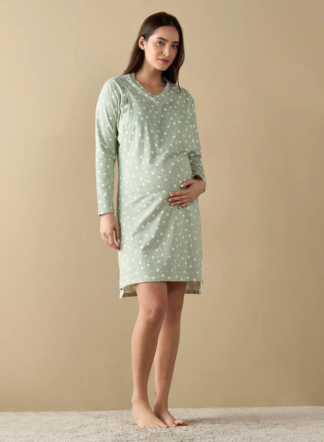 Splash FAV All-Over Star Print Nursing Sleepshirt with Long Sleeves