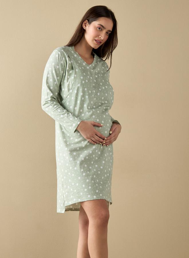 سبلاش فيڤ قميص نوم تمريض بطبعات نجوم شاملة بأكمام طويلة - Image 1