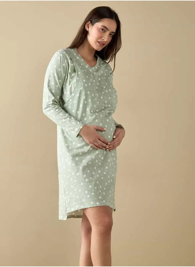 فاف All-Over Star Print Nursing Sleepshirt with Long Sleeves