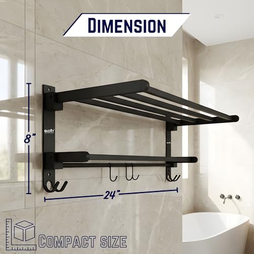 Gloxy Premium Towel Rack with Towel Rod & Hooks - Black Matte Finish Stainless Steel Folding Wall Mounted Towel Rod for Bathroom - Space Saver Towel Holder in Bathroom Fittings Accessories Set - Image 2