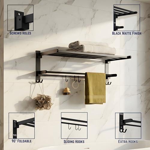 Gloxy Premium Towel Rack with Towel Rod & Hooks - Black Matte Finish Stainless Steel Folding Wall Mounted Towel Rod for Bathroom - Space Saver Towel Holder in Bathroom Fittings Accessories Set - Image 5