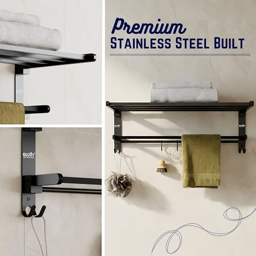 Gloxy Premium Towel Rack with Towel Rod & Hooks - Black Matte Finish Stainless Steel Folding Wall Mounted Towel Rod for Bathroom - Space Saver Towel Holder in Bathroom Fittings Accessories Set - Image 3