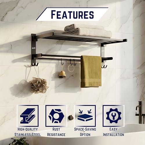 Gloxy Premium Towel Rack with Towel Rod & Hooks - Black Matte Finish Stainless Steel Folding Wall Mounted Towel Rod for Bathroom - Space Saver Towel Holder in Bathroom Fittings Accessories Set - Image 4