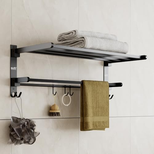 Gloxy Premium Towel Rack with Towel Rod & Hooks - Black Matte Finish Stainless Steel Folding Wall Mounted Towel Rod for Bathroom - Space Saver Towel Holder in Bathroom Fittings Accessories Set - Image 1