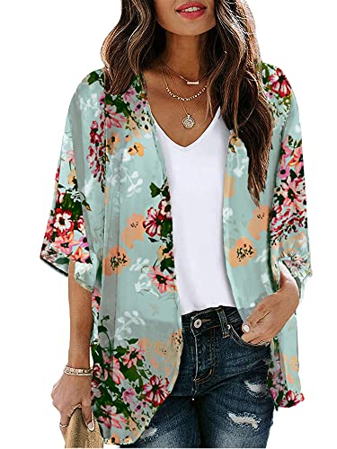 Chunoy Women Casual Spring Beach Casual Cover Up Half Puff Sleeve Chiffon Short Kimono Cardigan Green Small - Image 1