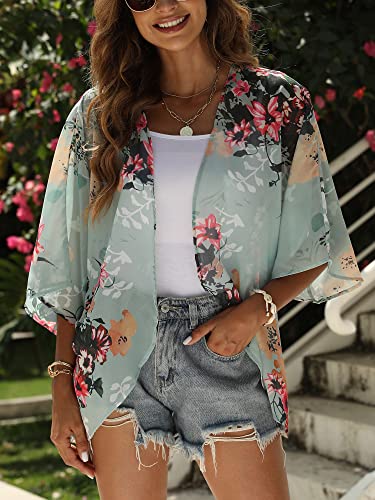 Chunoy Women Casual Spring Beach Casual Cover Up Half Puff Sleeve Chiffon Short Kimono Cardigan Green Small - Image 2