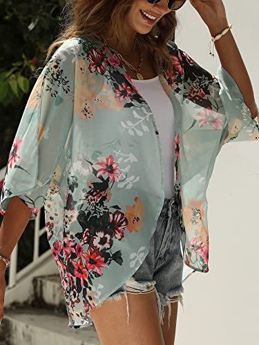 Chunoy Women Casual Spring Beach Casual Cover Up Half Puff Sleeve Chiffon Short Kimono Cardigan Green Small - Image 4