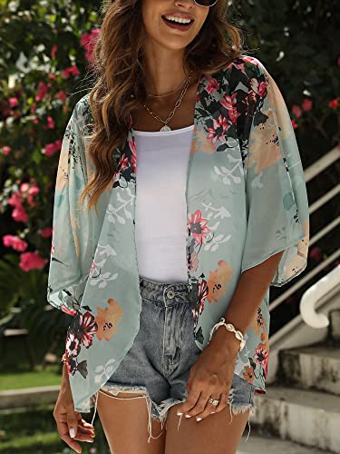 Chunoy Women Casual Spring Beach Casual Cover Up Half Puff Sleeve Chiffon Short Kimono Cardigan Green Small - Image 3