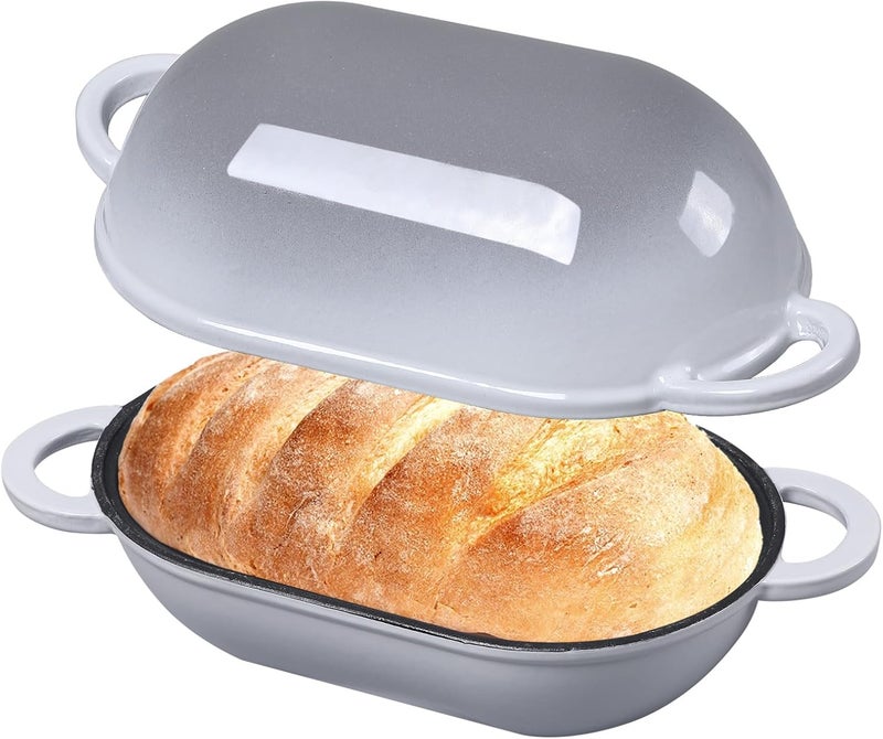 NSIRONS Enameled Cast Iron Sourdough Bread Oven, 5 QT Loaf Cast Iron Bread Pan with Lid, Oval Dutch Oven for Homemade Bread Baking, Meatloaf Pan with Lid (Light Gray) - Image 1