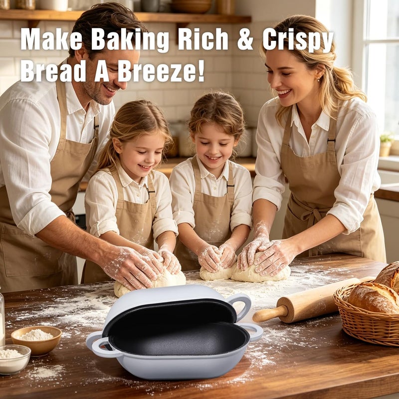 NSIRONS Enameled Cast Iron Sourdough Bread Oven, 5 QT Loaf Cast Iron Bread Pan with Lid, Oval Dutch Oven for Homemade Bread Baking, Meatloaf Pan with Lid (Light Gray) - Image 2