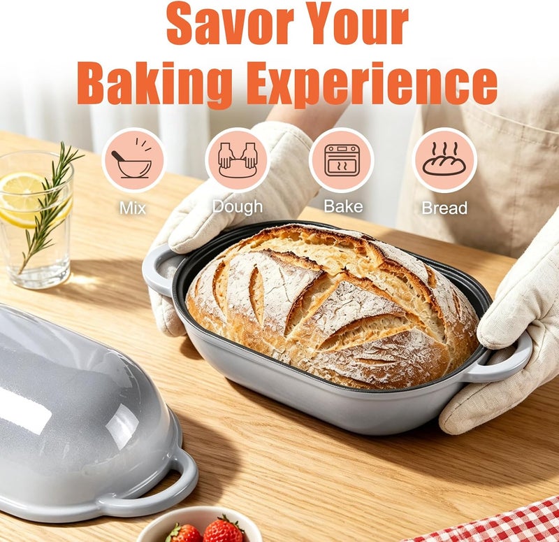 NSIRONS Enameled Cast Iron Sourdough Bread Oven, 5 QT Loaf Cast Iron Bread Pan with Lid, Oval Dutch Oven for Homemade Bread Baking, Meatloaf Pan with Lid (Light Gray) - Image 3