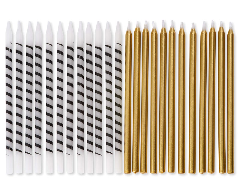 Papyrus Birthday Candles White  Black Stripe  Gold 24Count