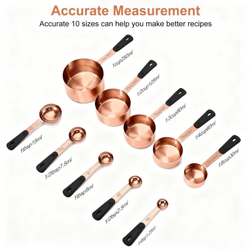 Bopei Measuring Cups and Spoons Set, Rose Gold Plated Stainless Steel 10 Piece for Cooking and Baking (5 Cups + 5 Spoons RoseGold) - Image 2
