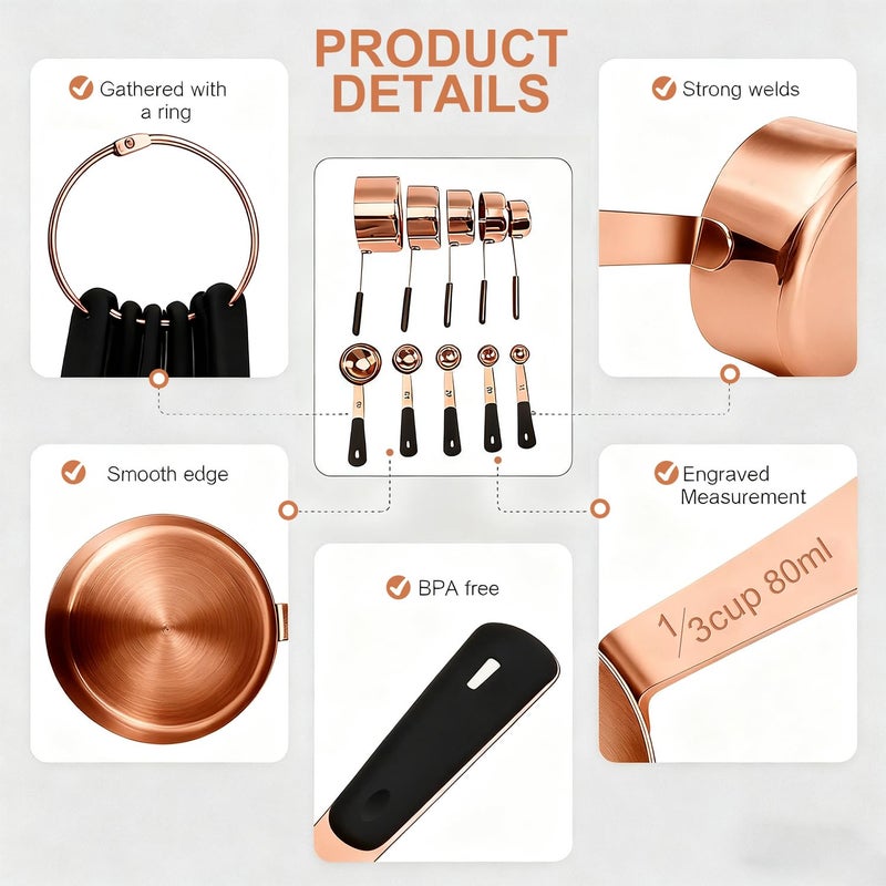 Bopei Measuring Cups and Spoons Set, Rose Gold Plated Stainless Steel 10 Piece for Cooking and Baking (5 Cups + 5 Spoons RoseGold) - Image 3