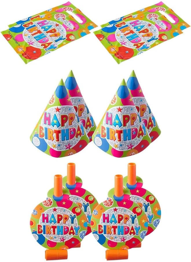Party Party happy birthday print gift bags, hats and horns set, 32243 multi color set of 12 