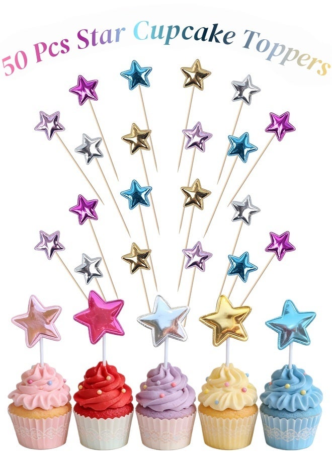 50 Pcs Star Cupcake Toppers 5 Colors Glitter Star Cupcake Picks Mini Cake Toppers for Food Decoration Holiday Birthday Party Cake Decorations Wedding DIY Dessert Baby Shower Eid Gatherings - Image 1