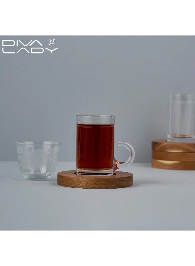 Diva Lady Luxury Set – 6 Tea Glasses + 6 Coffee Cups + 6 Wooden Saucers – Elegant Etched Glass Design with a Modern Refined Touch - Image 2
