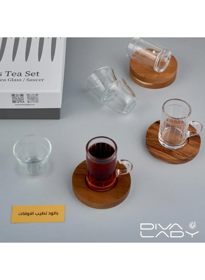 Diva Lady Luxury Set – 6 Tea Glasses + 6 Coffee Cups + 6 Wooden Saucers – Elegant Etched Glass Design with a Modern Refined Touch - Image 1