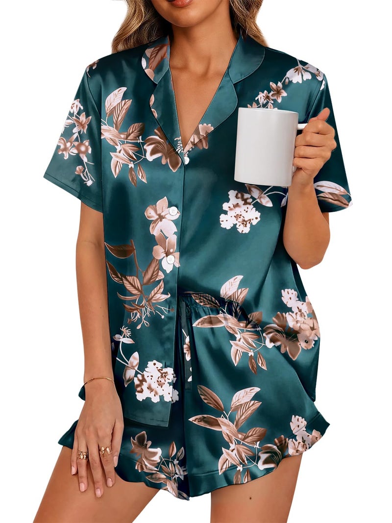 LILLUSORY Womens Satin Silk Pajamas Set 2 Piece Ruffle Pjs Winter Matching Lounge Sleepwear Button Down Striped Shirt Shorts FlowerTeal S - Image 1