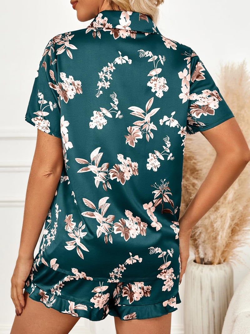 LILLUSORY Womens Satin Silk Pajamas Set 2 Piece Ruffle Pjs Winter Matching Lounge Sleepwear Button Down Striped Shirt Shorts FlowerTeal S - Image 4
