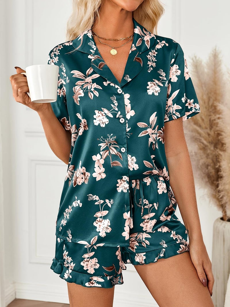 LILLUSORY Womens Satin Silk Pajamas Set 2 Piece Ruffle Pjs Winter Matching Lounge Sleepwear Button Down Striped Shirt Shorts FlowerTeal S - Image 3