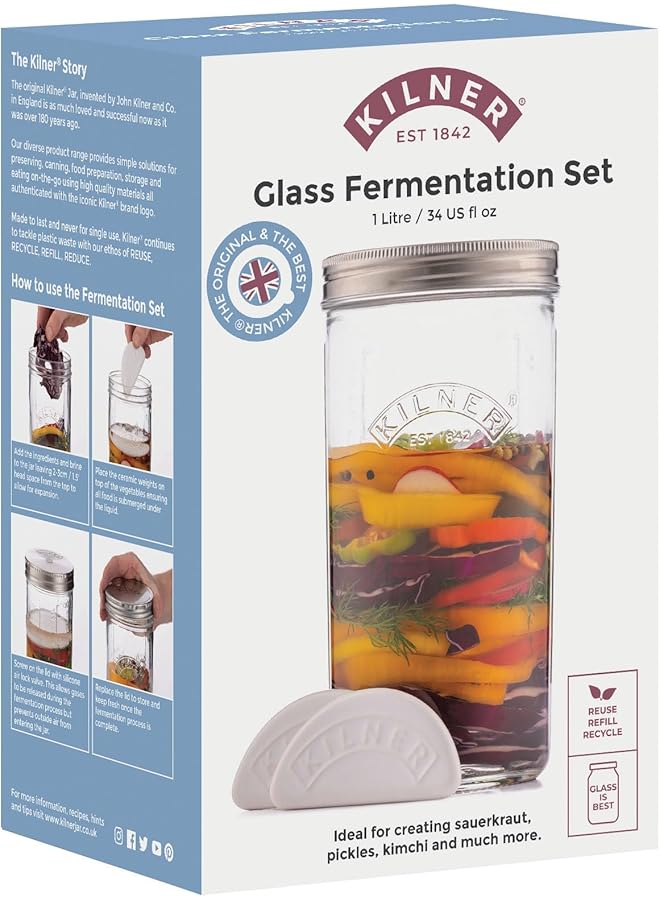 Kilner 1 Litre Fermentation Jar Set Wide Mouth Glass Jar With Silicone Valve Lid, Ceramic Weights & Recipe Booklet, Ideal For Small Batch Fermentation - Image 2
