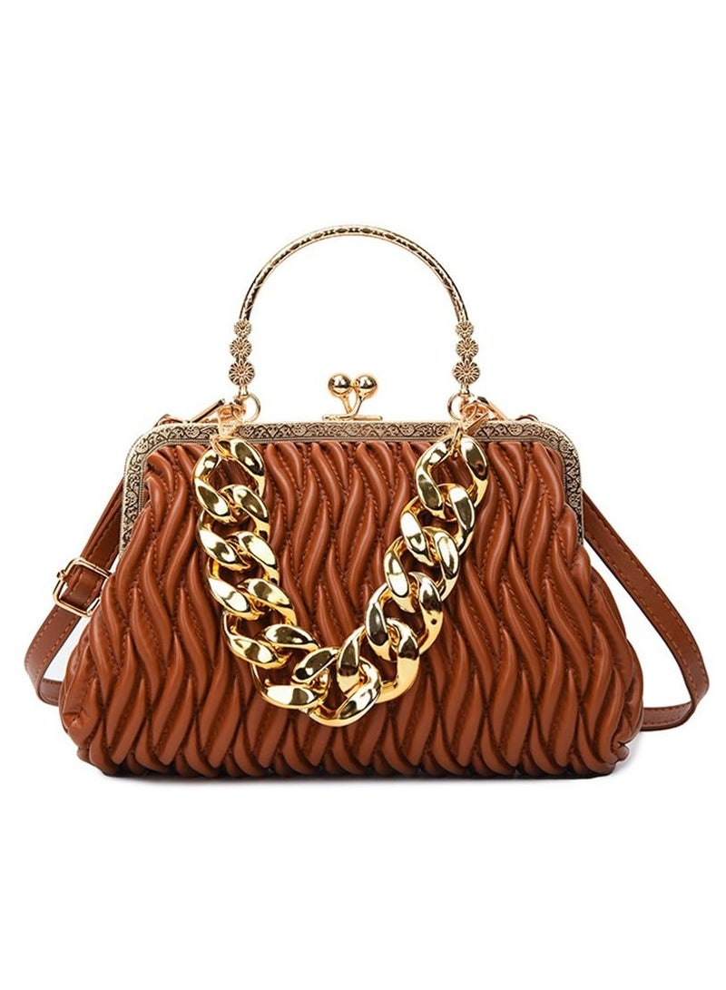 Aethvive Ladies Ruched Kiss Lock Clutch Purse Thick Gold Chain Top Handle Evening Bag Removable Adjustable Shoulder Crossbody Bag Formal Handbag for Eid Wedding Prom Banquet Daily Dating - Image 1
