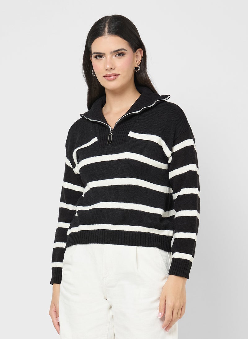 جينجر كنزة بياقة بسحاب وخطوط مضلعة - Image 1