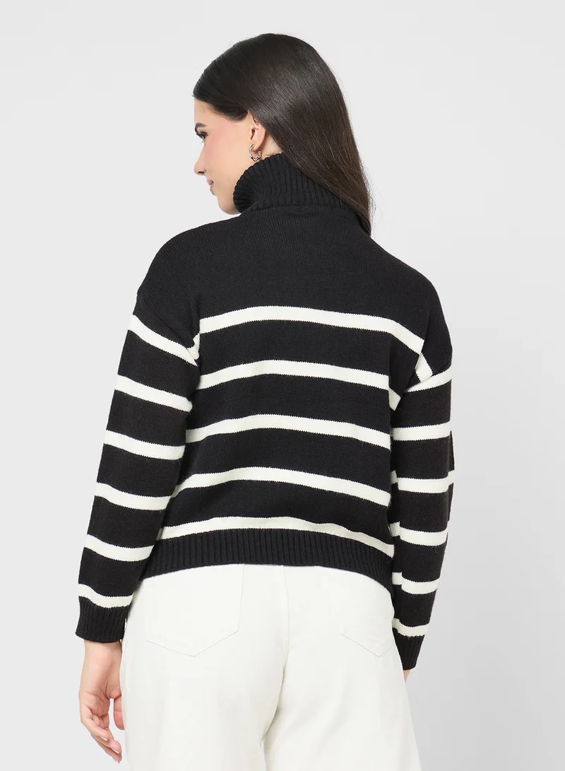 جينجر Half Zip Ribbed Stripe Sweater