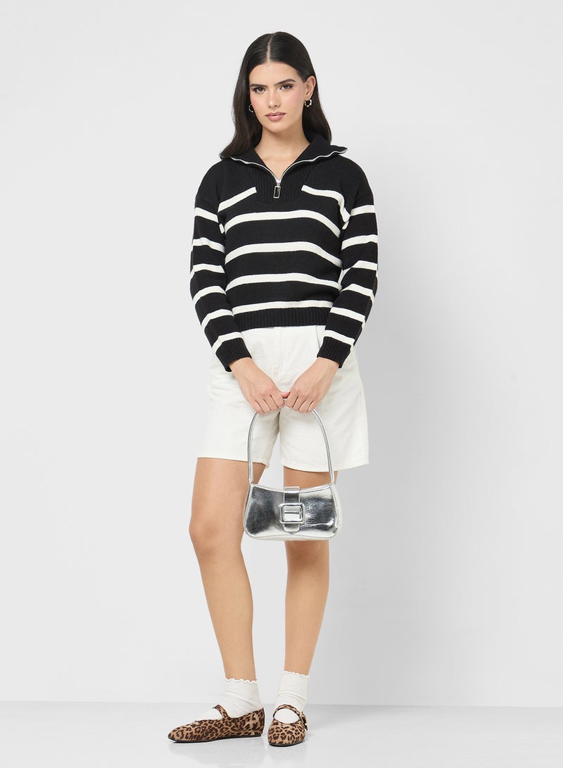 جينجر كنزة بياقة بسحاب وخطوط مضلعة - Image 4